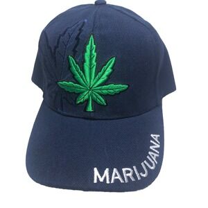Baseball Cap Embroidered Marijuana Green Leaf  Weed Pot Adjustable Blue  Hat